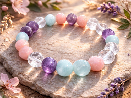 Blid Harmoni – armbånd med rosa opal, aquamarin, ametyst og bjergkrystal