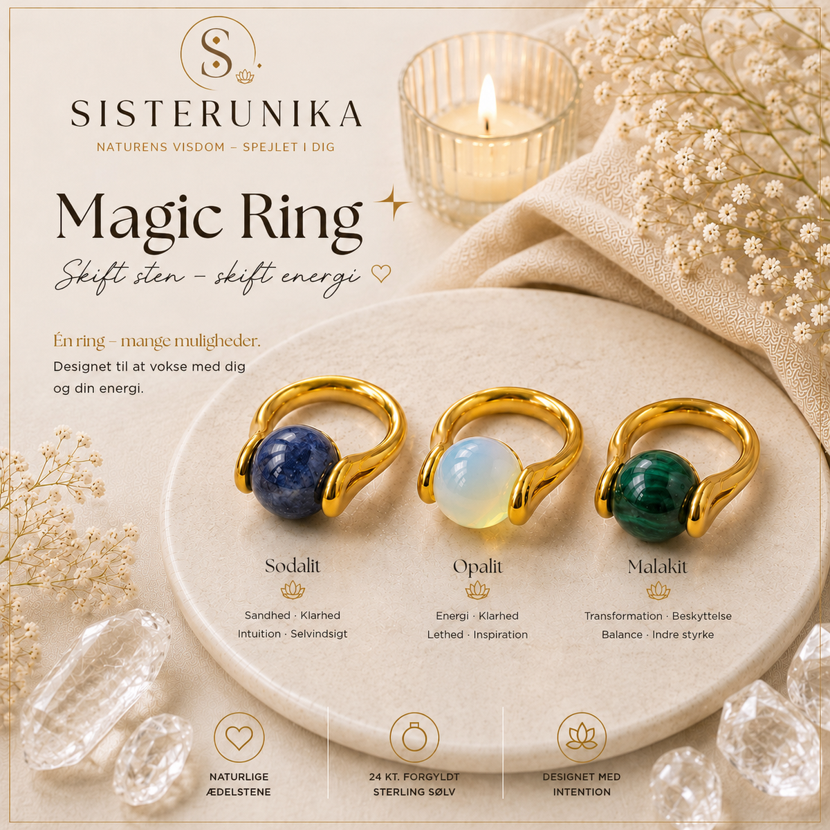 Magic Ring med sodalit, opalit og malakit