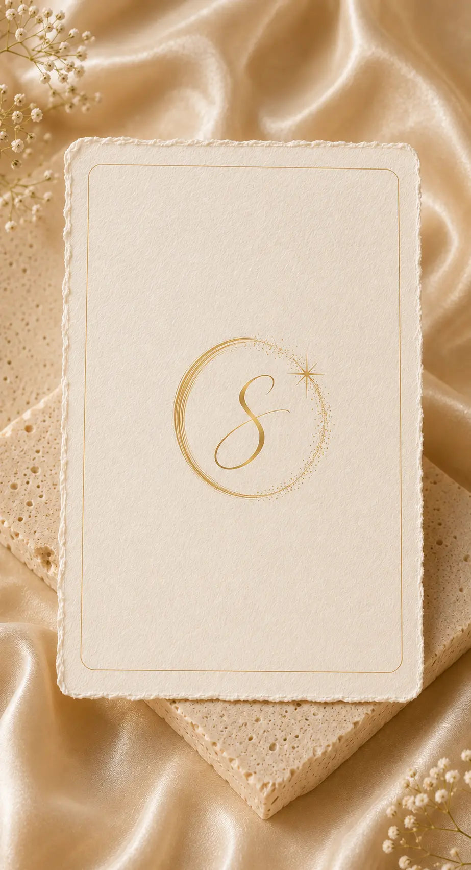 Sisterunika krystalkort i champagnefarver med gyldent S-symbol