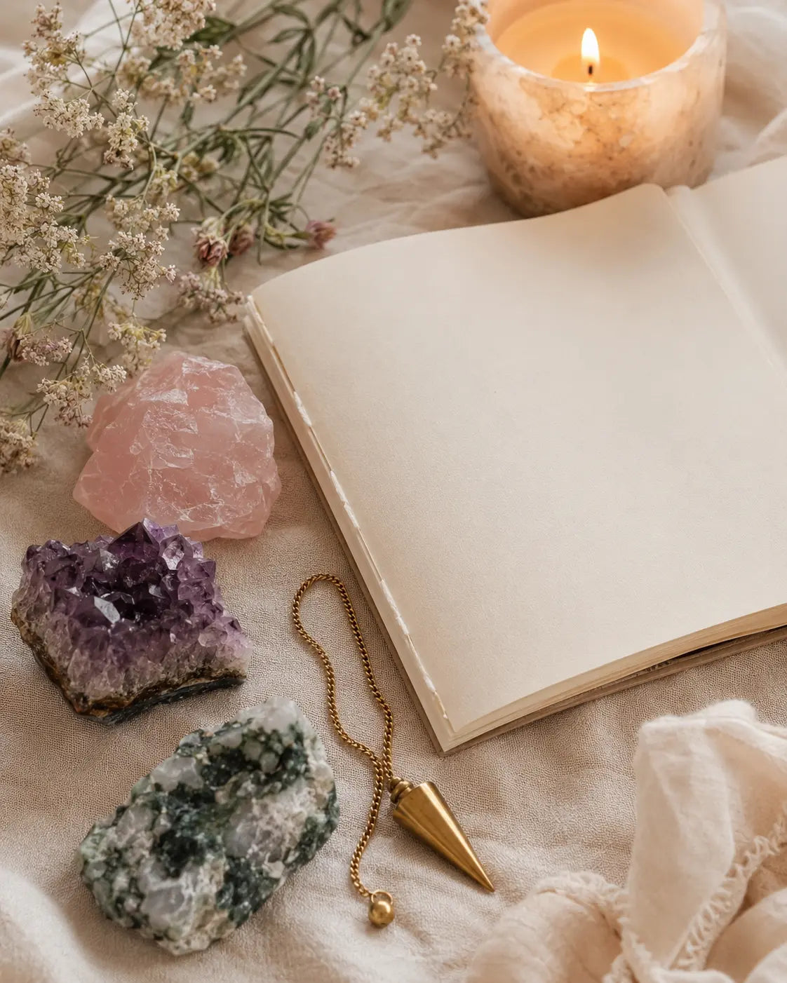 Et lyst ritualrum med krystaller, blomster, lys og en åben notesbog