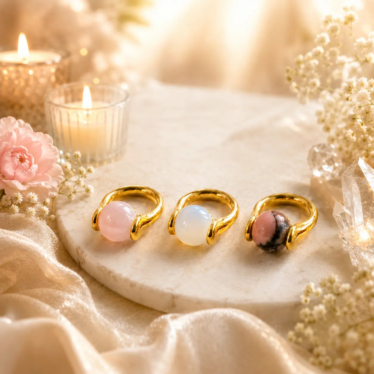 Tre forgyldte Magic Rings med rosenkvarts, opalit og rhodonit