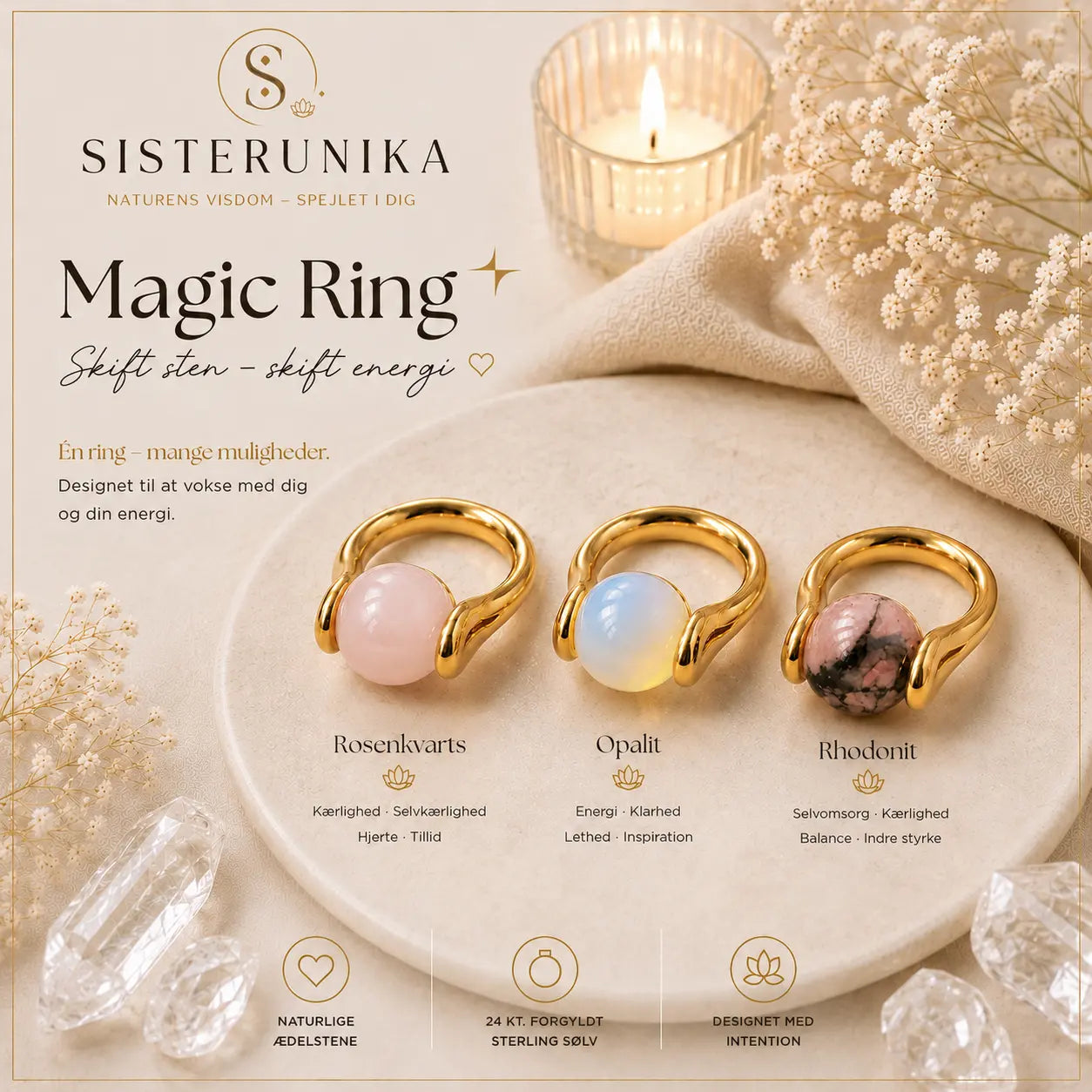 Magic Ring med tre udskiftelige krystaller